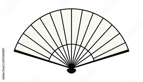 Traditional folding fan with a black frame and clean paper-like panels, presented as a simple black and white line art illustration.
