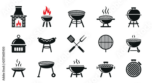 Tableau sur toile BBQ grill and Cooking Tools icon set Showcasing Barbecue Equipment, Fire, Meat Grilling and outdoor Picnic Food symbols