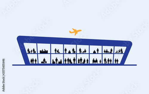 Modern airport terminal building with silhouettes of passengers and airplane