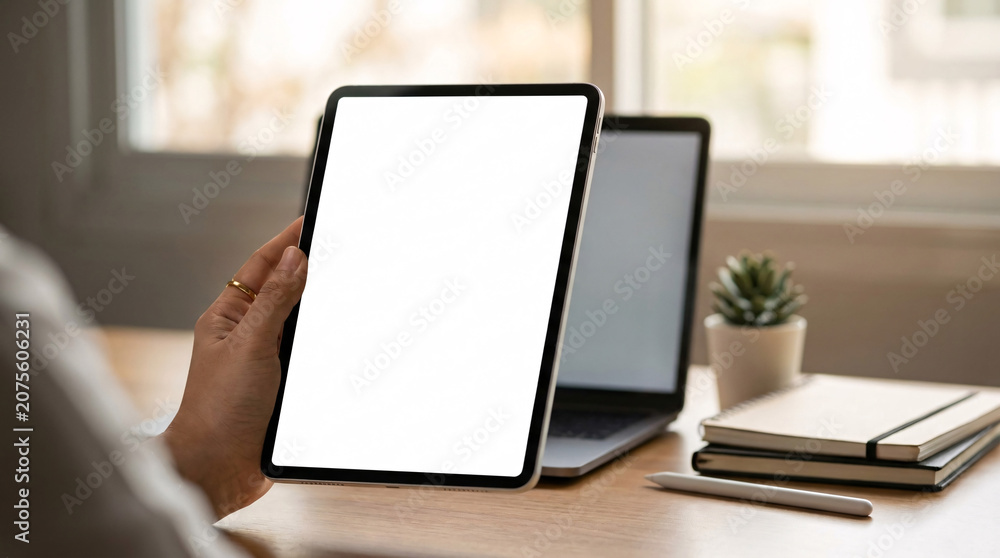 Fototapeta premium A woman's hand holding a white screen tablet, with a laptop and notebooks on a wooden desk in the background, perfect for showcasing digital content or mockups
