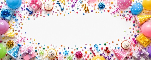Colorful happy birthday celebration banner with balloons gifts confetti cupcakes and festive decorations on white background