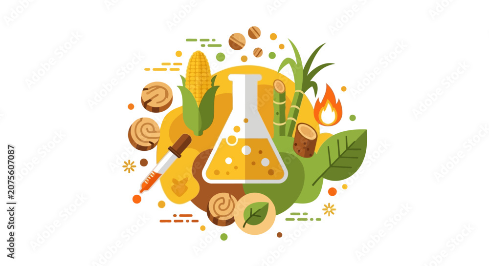 Fototapeta premium Biofuel and Biomass Renewable Energy Concept Illustration with Corn, Sugarcane, and Lab Equipment for Sustainable Fuel Research