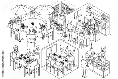 Restaurant Floor Layout with Dining People Isometric Illustration