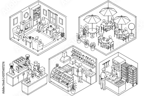 Restaurant Interior Dining Layout Isometric Architectural Vector