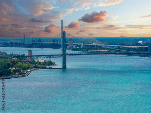 Aerial shot of a gorgeous landscape along the Detroit River in Detroit Michigan USA