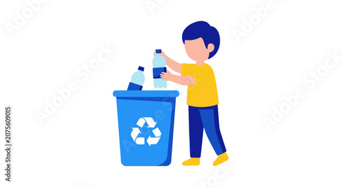 Boy Recycling Plastic Bottles in Blue Bin Illustration, Eco-Friendly Child Character for Sustainability and Waste Management Concepts