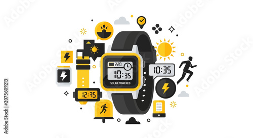 Modern Solar Powered Digital Watch Illustration with Fitness and Energy Icons - Sustainable Wearable Tech Concept