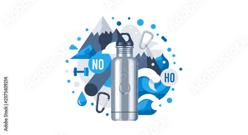 Reusable Stainless Steel Water Bottle Illustration with Outdoor Adventure and Fitness Icons - Mountains, Waves, Yoga Mat, and Carabiner in Flat Design Style
