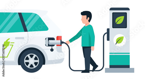 Electric Vehicle Charging at Eco-Friendly Station Vector Illustration: Sustainability and Clean Energy Concept with Man Recharging White EV