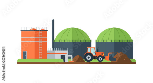 Biogas Plant Flat Vector Illustration: Renewable Energy Facility with Fermentation Tanks, Tractor, and Bio-waste for Sustainable Agriculture Concepts