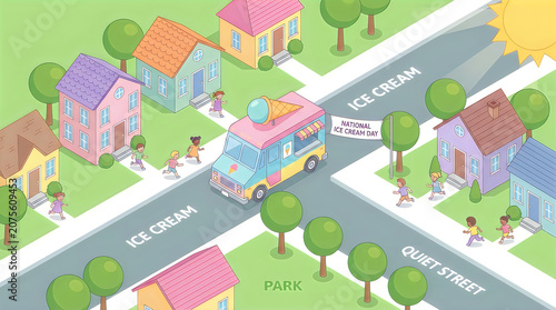 Isometric view of neighborhood streets with ice cream truck serving local kids