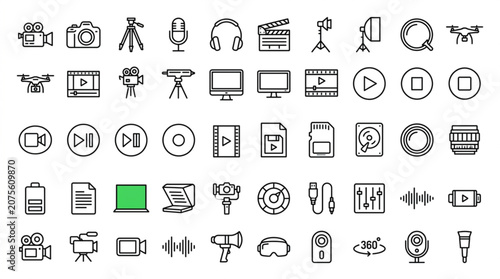A collection of various technology and media icons on a white background