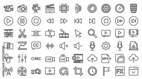 A collection of various media and technology icons are shown.