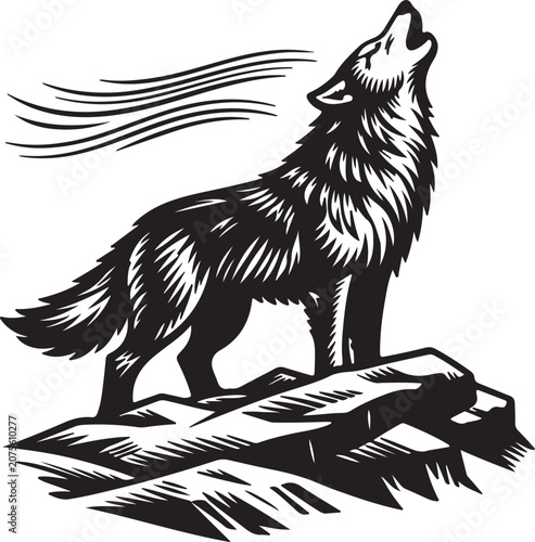 Howling Wolf On Mountain Rock Cliff