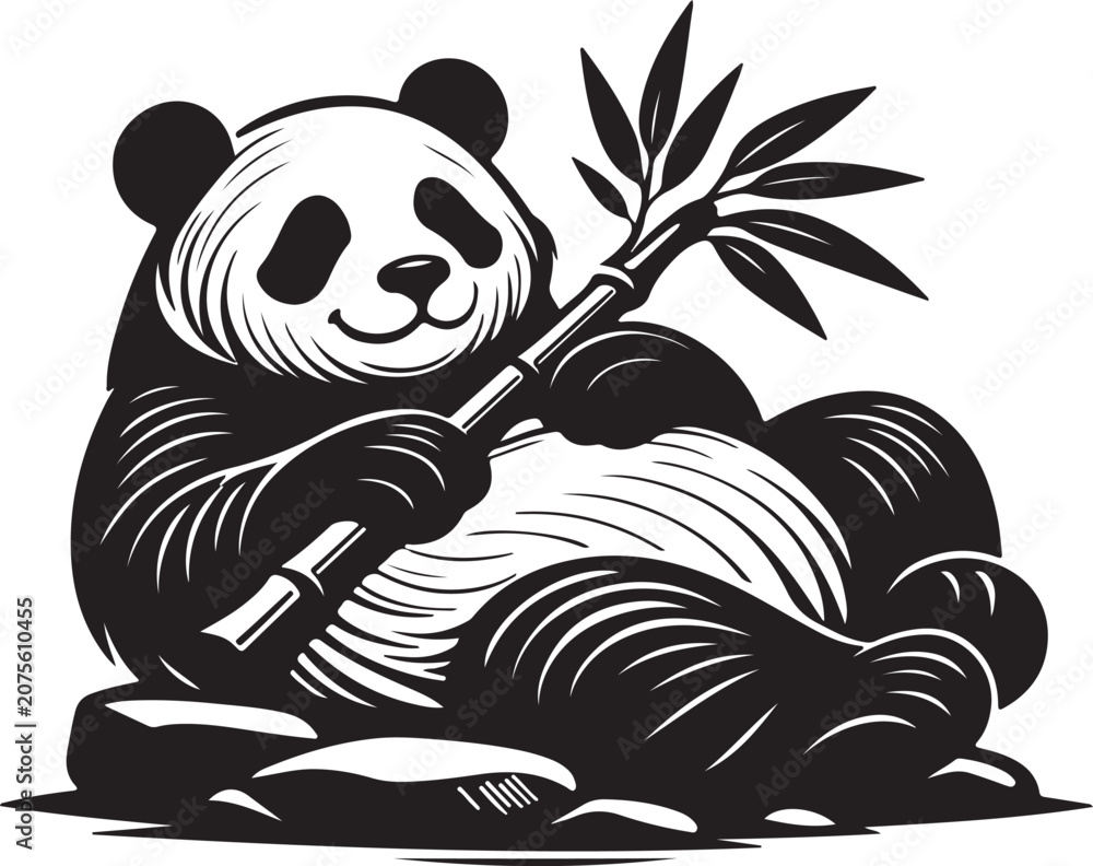 Fototapeta premium Giant Panda Bear Eating Bamboo Branch