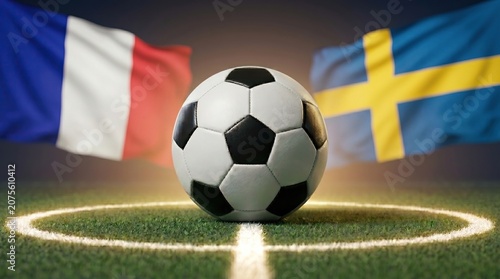 Soccer ball on center pitch line with France and Sweden flags, international football match, sports competition background.