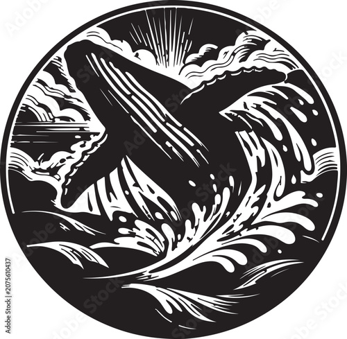 Humpback Whale Breaching Ocean Waves Emblem
