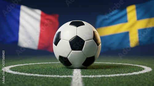 Soccer ball on green pitch center circle with blurred France and Sweden flags, international football match, sports competition background.