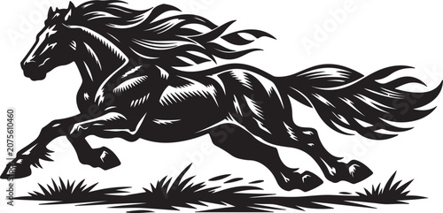 Running Stallion Galloping Through Meadow Grass
