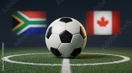 Soccer ball on green pitch center circle with South Africa and Canada flags blurred in background, international match concept, football tournament competition.