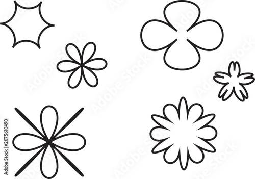 Set of hand drawn floral doodle icons with simple black outlines isolated on white background for creative design projects.