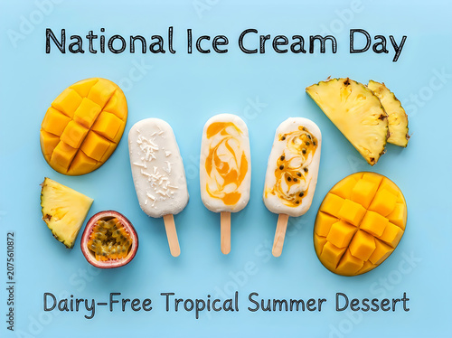 Assorted tropical fruit ice cream popsicles on blue background for summer treat