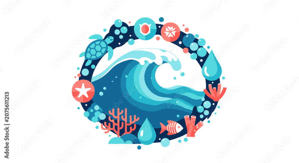 Fototapeta premium Flat Vector Illustration of Marine Ecosystem with Ocean Wave, Sea Turtle, Fish, and Coral. Circular Design for Environmental Conservation and Ocean Sustainability Concept.