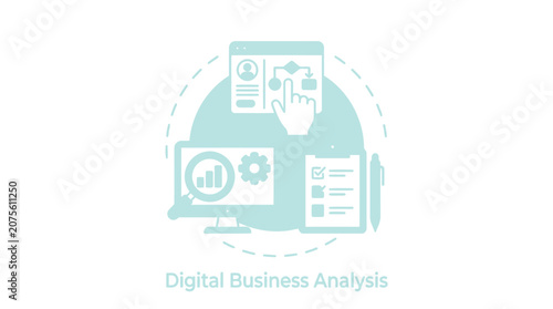 An informative digital business analysis infographic featuring charts and data icons.