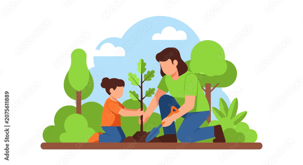Naklejka premium Mother and Daughter Planting a Young Tree Together in a Park, Flat Vector Illustration of Family Gardening for Environmental Sustainability and Earth Day