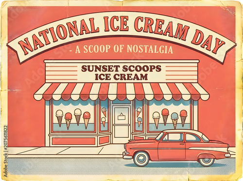 National Ice Cream Day retro poster design with classic red car and parlor shop
