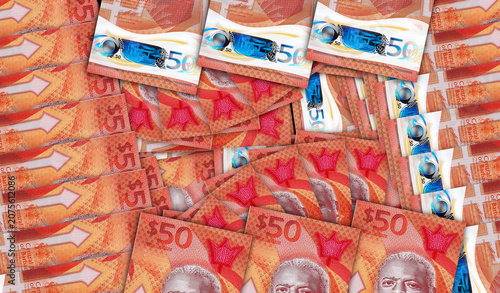 Barbados 50 dollar BBD banknotes in a fan mosaic pattern 3d illustration