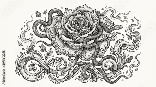 Konstfotografi Snake wrapped around a rose flower.