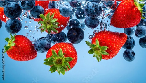Ripe strawberries and blueberries suspended together with refreshing colors and healthy lifestyle branding