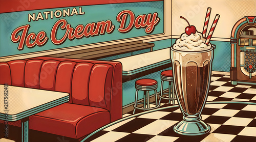Classic chocolate milkshake on diner table for National Ice Cream Day celebration