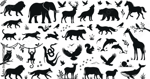 Canvas Print Wild animal silhouette icons mega bundle featuring mammals birds and sea creatur
