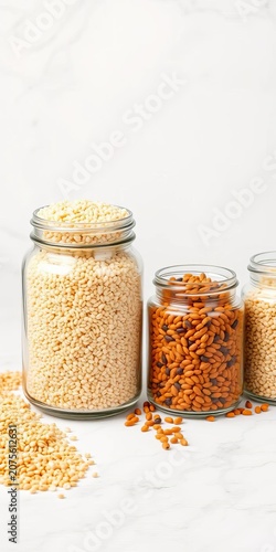Glass Jars Filled with Grains and Seeds on White Background