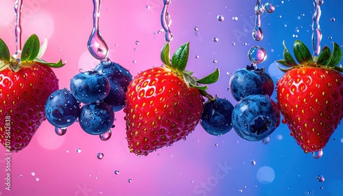 Fresh strawberries and blueberries suspended together with bright colors and healthy lifestyle appeal
