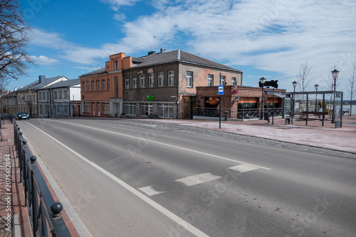 Quiet town street by the riverside cafe
