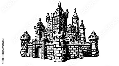 Tableau sur toile Hand-drawn illustration of a fantasy castle, medieval architecture, stone fortre