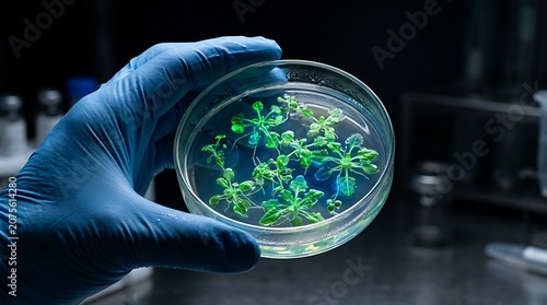Scientist in blue glove holding petri dish with sprouts in laboratory