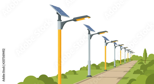 Row of Modern Solar Powered Street Lights along a Park Path, Sustainable Smart City Infrastructure Illustration