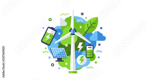 Renewable Energy Concept Vector Illustration with Wind Turbine, Solar Panel, Battery Storage, and Green Leaves - Eco-Friendly Sustainable Technology Design