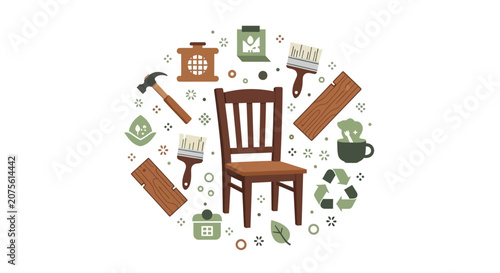 Furniture Upcycling and Woodworking Concept Illustration with Tools, Recycle Icon, and Wooden Chair for Sustainable Home Decor