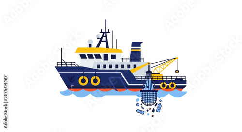 Ocean Cleanup Ship Collecting Plastic Waste Illustration - Marine Pollution Control and Environmental Sustainability Concept Vector Isolated on White