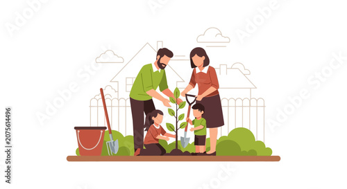 Family Planting a Tree in Garden for Environmental Protection and Sustainability, Vector Illustration of Happy Parents and Children Gardening Together at Home