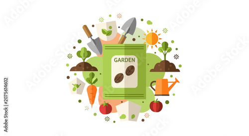 Gardening and Organic Farming Vector Illustration with Seed Packet, Tools, and Vegetables. Minimalist Flat Design for Sustainability and Agriculture Concepts.