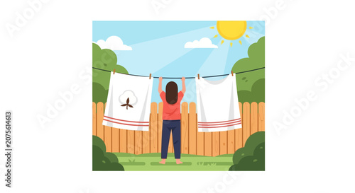 Woman Hanging White Cotton Laundry on Clothesline in Sunny Backyard, Eco-Friendly Sustainable Lifestyle Illustration