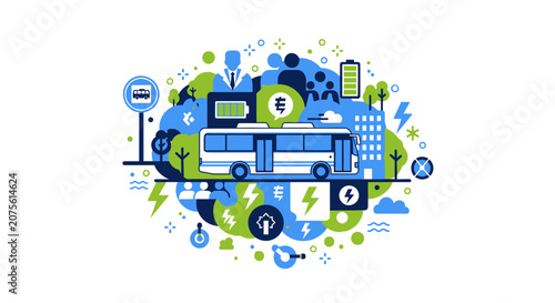 Sustainable Electric Bus and Green Energy Public Transportation Illustration Concept