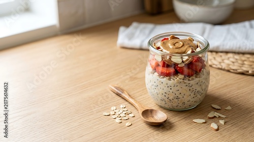 Healthy overnight oats with strawberries and nut butter in a jar
