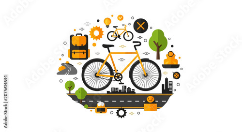 Eco-Friendly Urban Mobility Concept: Flat Vector Illustration of a Yellow Bicycle with City Life, Commuting, and Sustainable Lifestyle Icons on White Background
